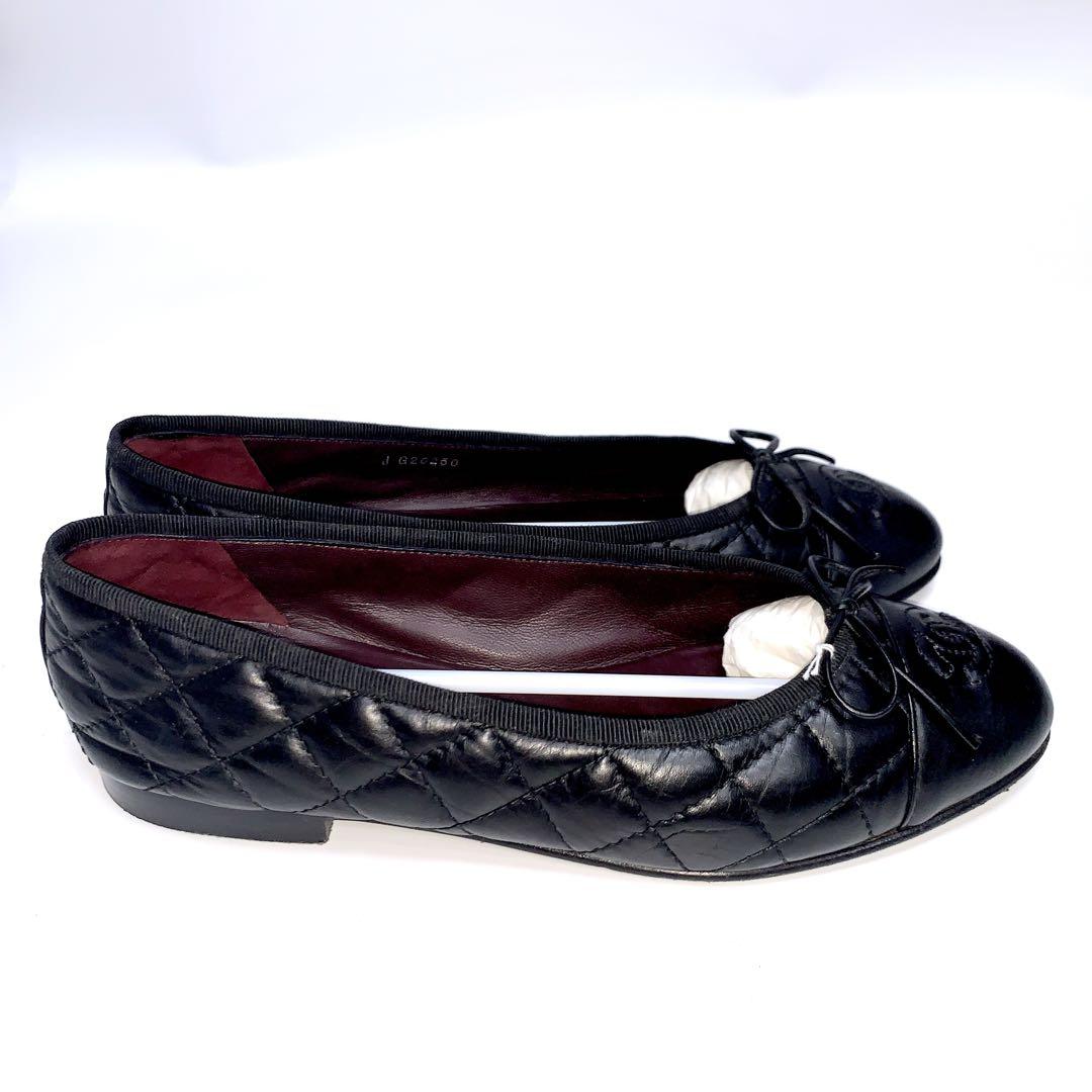 CHANELシャネル フラットシューズ 黒 レザー キルティング#37.5