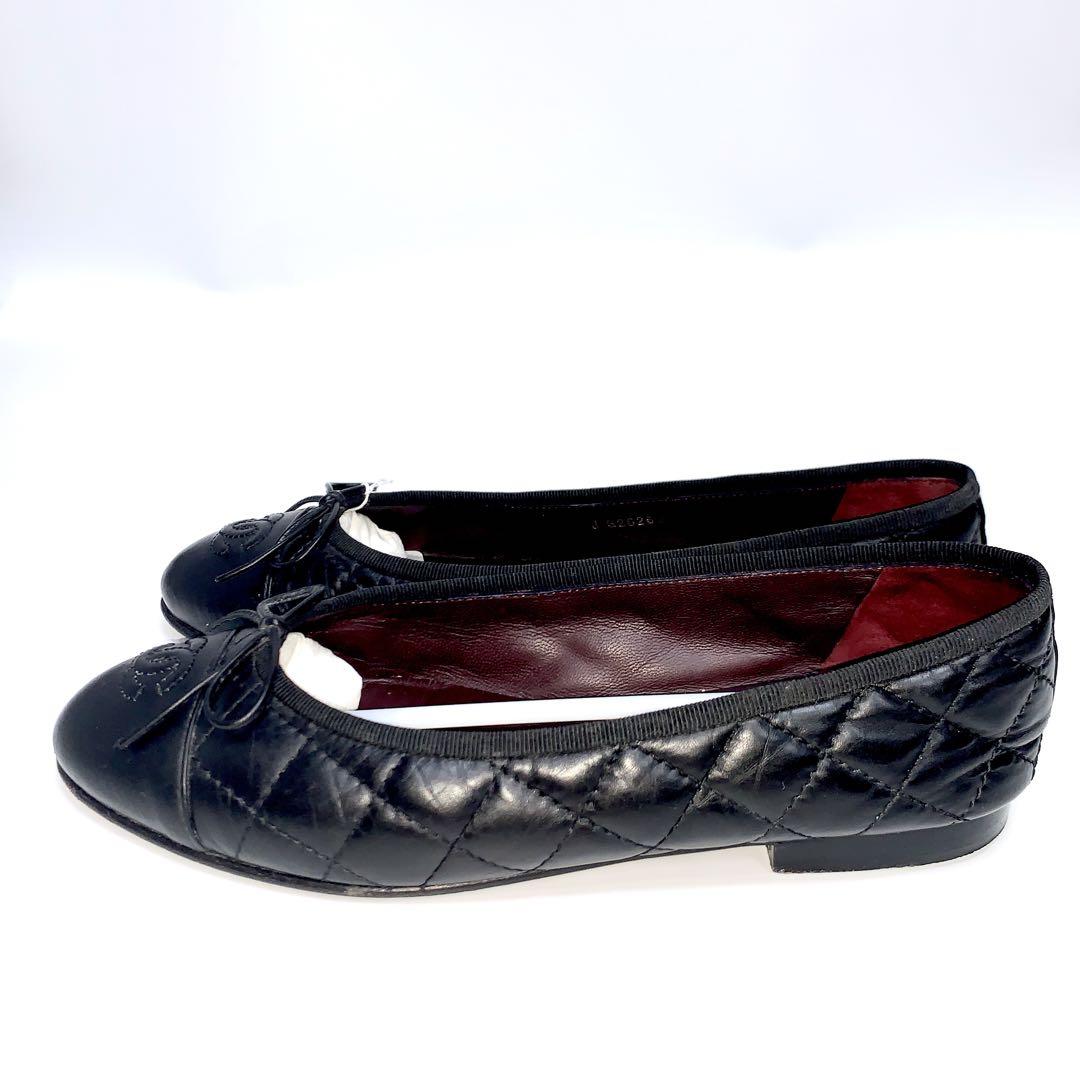 CHANELシャネル フラットシューズ 黒 レザー キルティング#37.5