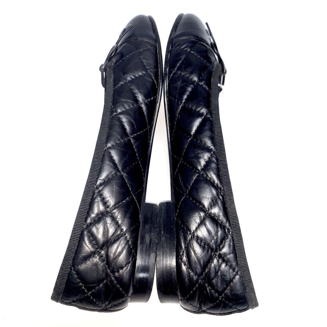 CHANELシャネル フラットシューズ 黒 レザー キルティング#37.5