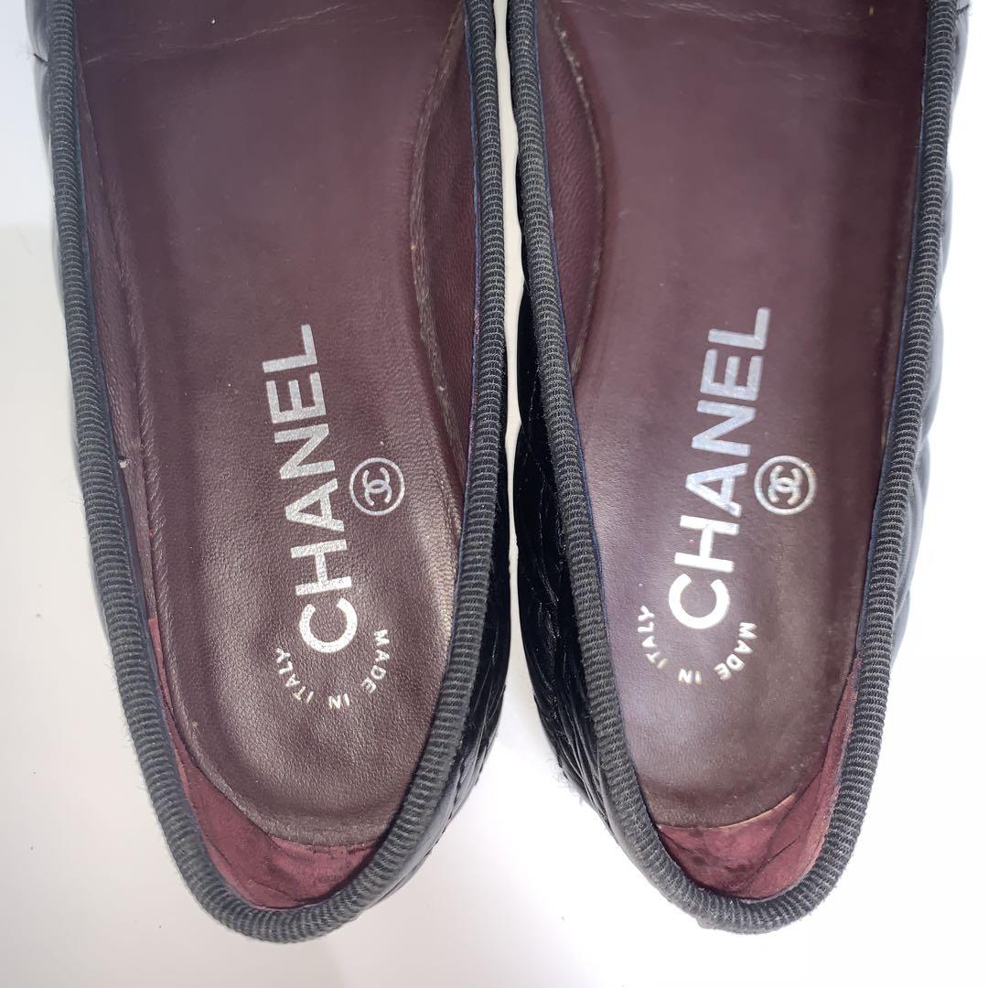 CHANELシャネル フラットシューズ 黒 レザー キルティング#37.5
