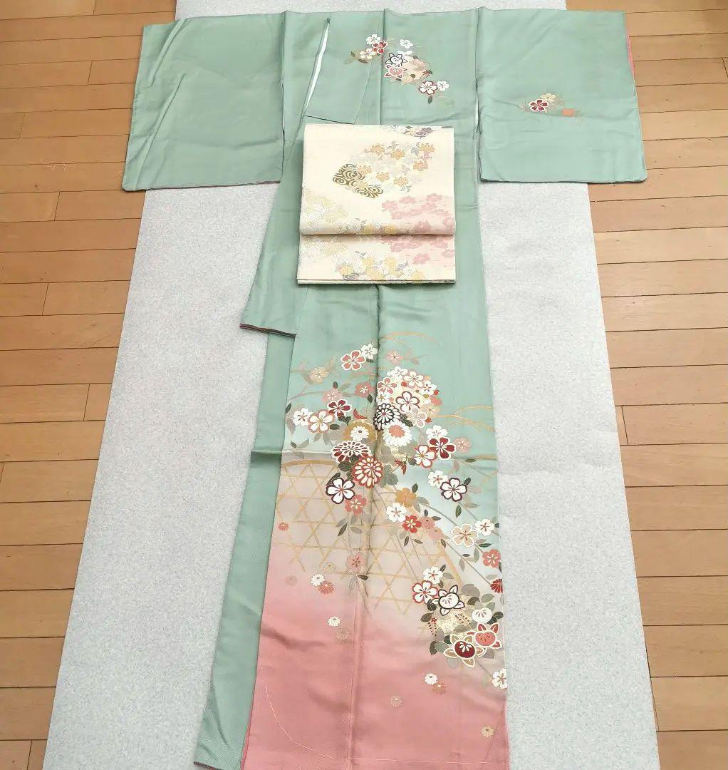 【新品】甘め訪問着 花籠から溢れるお花 グリーン ぼかし染め 金彩