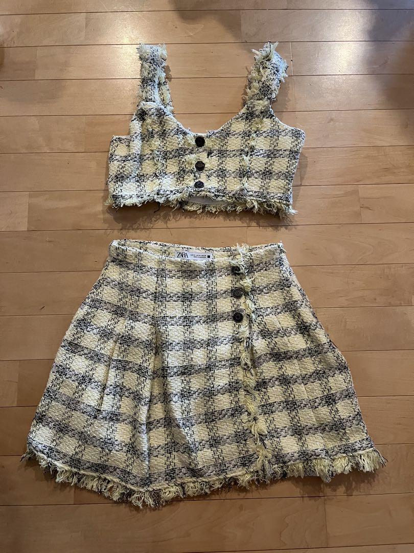 ZARA チェック柄ツイードセットアップ　イエローxsからs