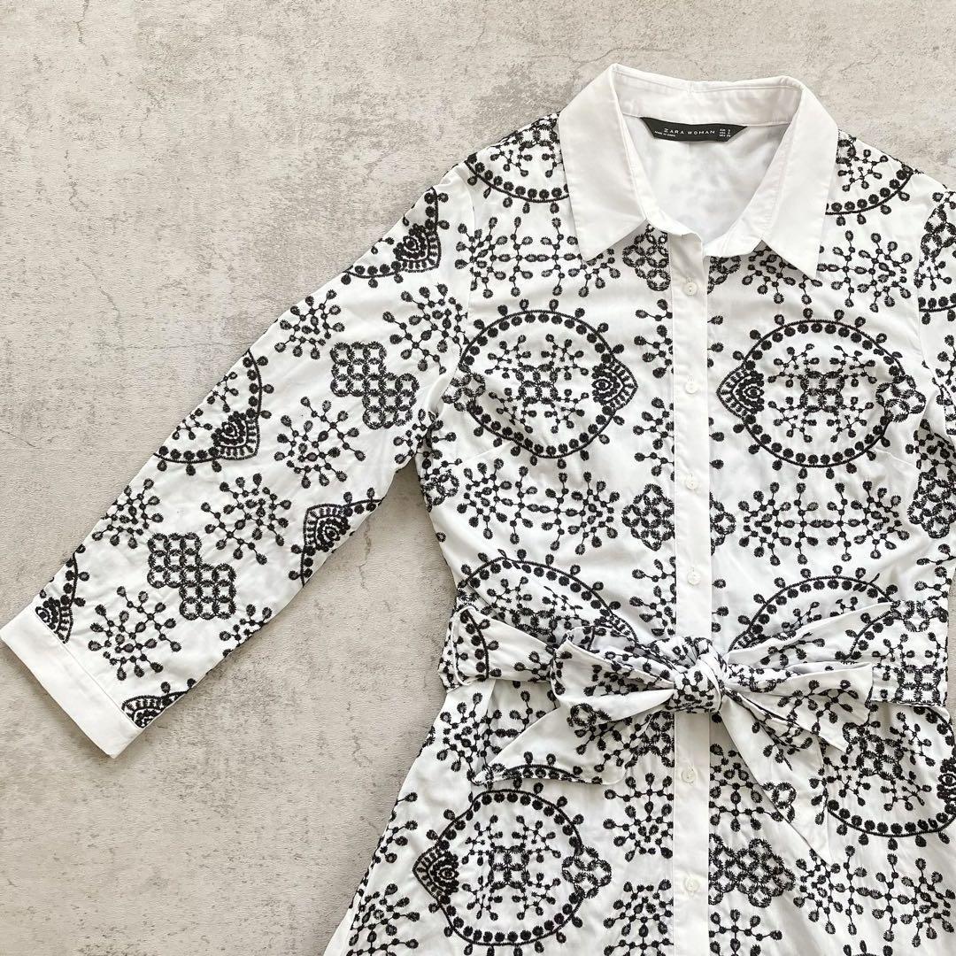 大人女性の ザラ ZARA ホワイト シャツ マキシベルト付き ブラック刺繍入り ワンピース