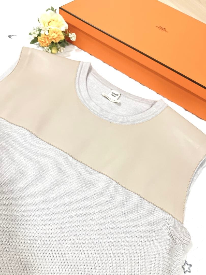 HERMES 切り替えワンピース ラムスキン レザー カシミヤ コットン 羊皮 HERMES 切り替えワンピース ラムスキン レザー カシミヤ コットン 羊皮