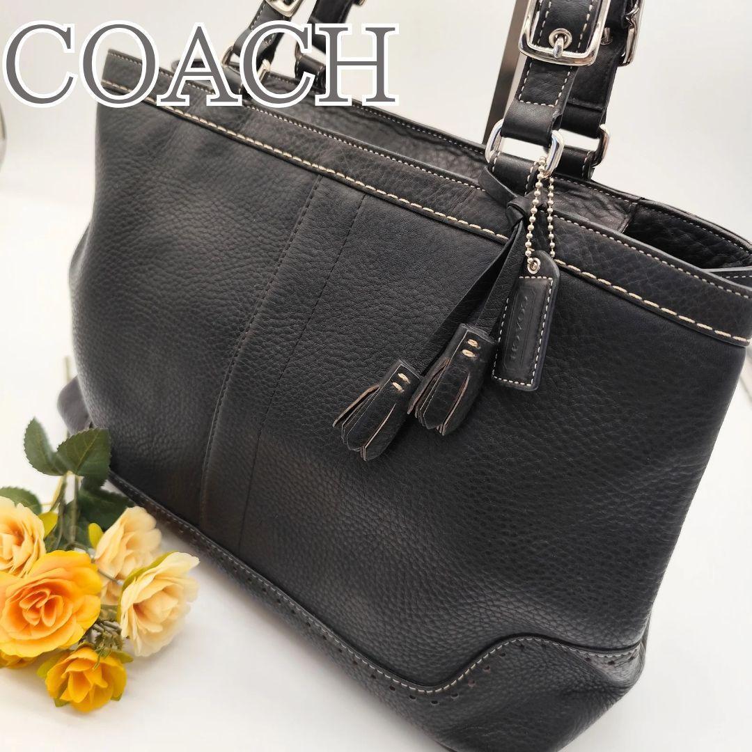 美品 コーチ トートバッグ A4 パンチング レザー ブラック シボ革 肩掛けバッグ