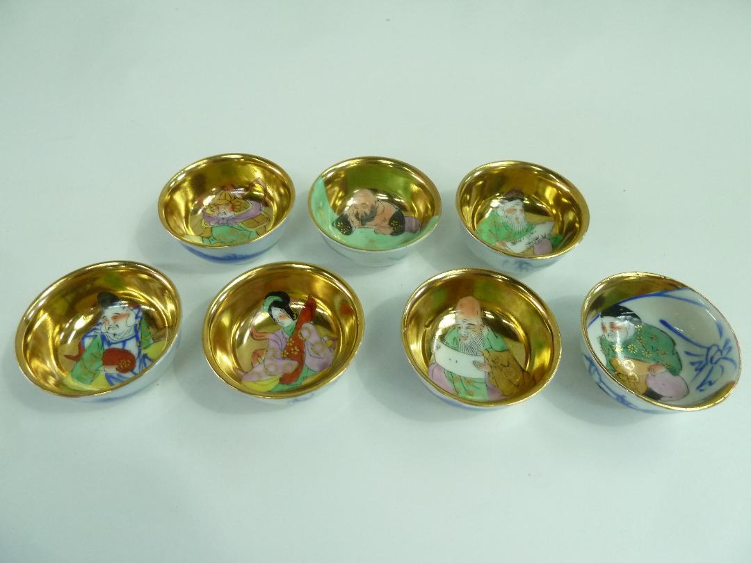 ☆彡九谷焼七福神猪口７客ぐい呑み金彩中古品☆彡