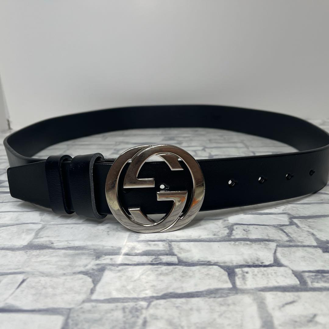 美品✨GUCCI 黒レザー ベルト GGロゴ　インターロッキング　シルバー 美品✨GUCCI 黒レザー ベルト GGロゴ インターロッキング - メルカリ