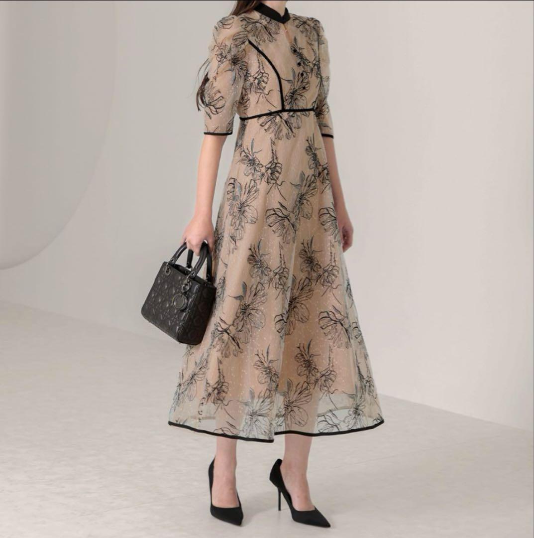 Leja 配色パイピングプチハイネック花柄刺繍ラメレースロング丈ドレスワンピース