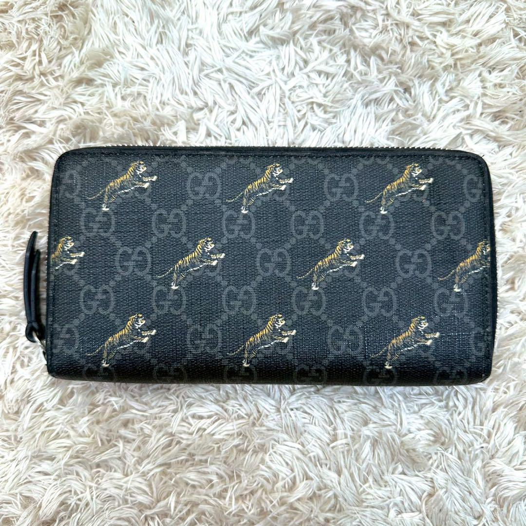 【美品】グッチ 長財布 ラウンドファスナー ブラック タイガー 虎 スプリーム