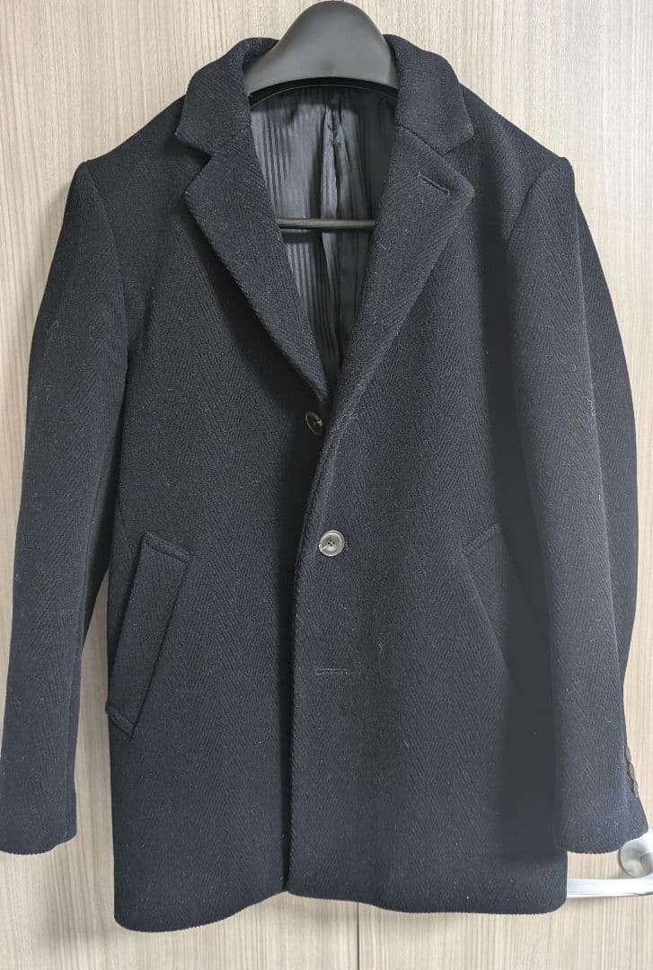 黒 チェスターコート ウール混紡