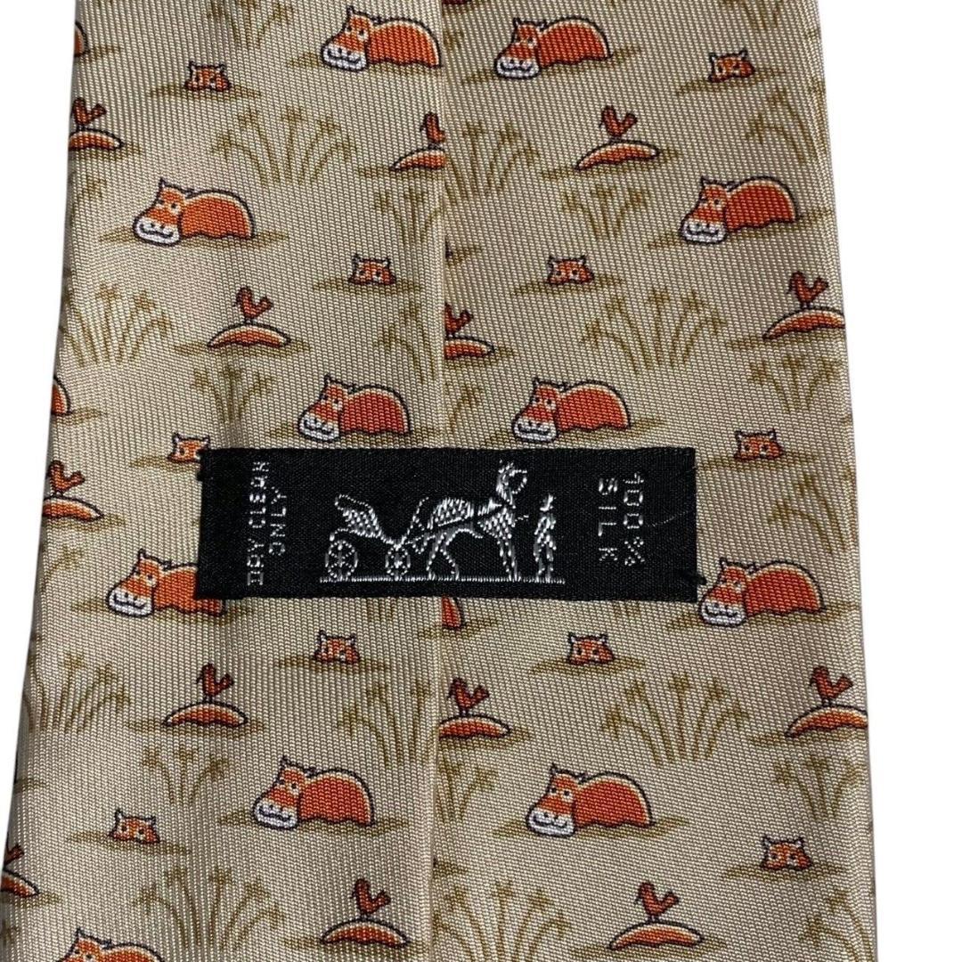 HERMES エルメス ネクタイ シルク カバ 鳥 アニマル 総柄 可愛い
