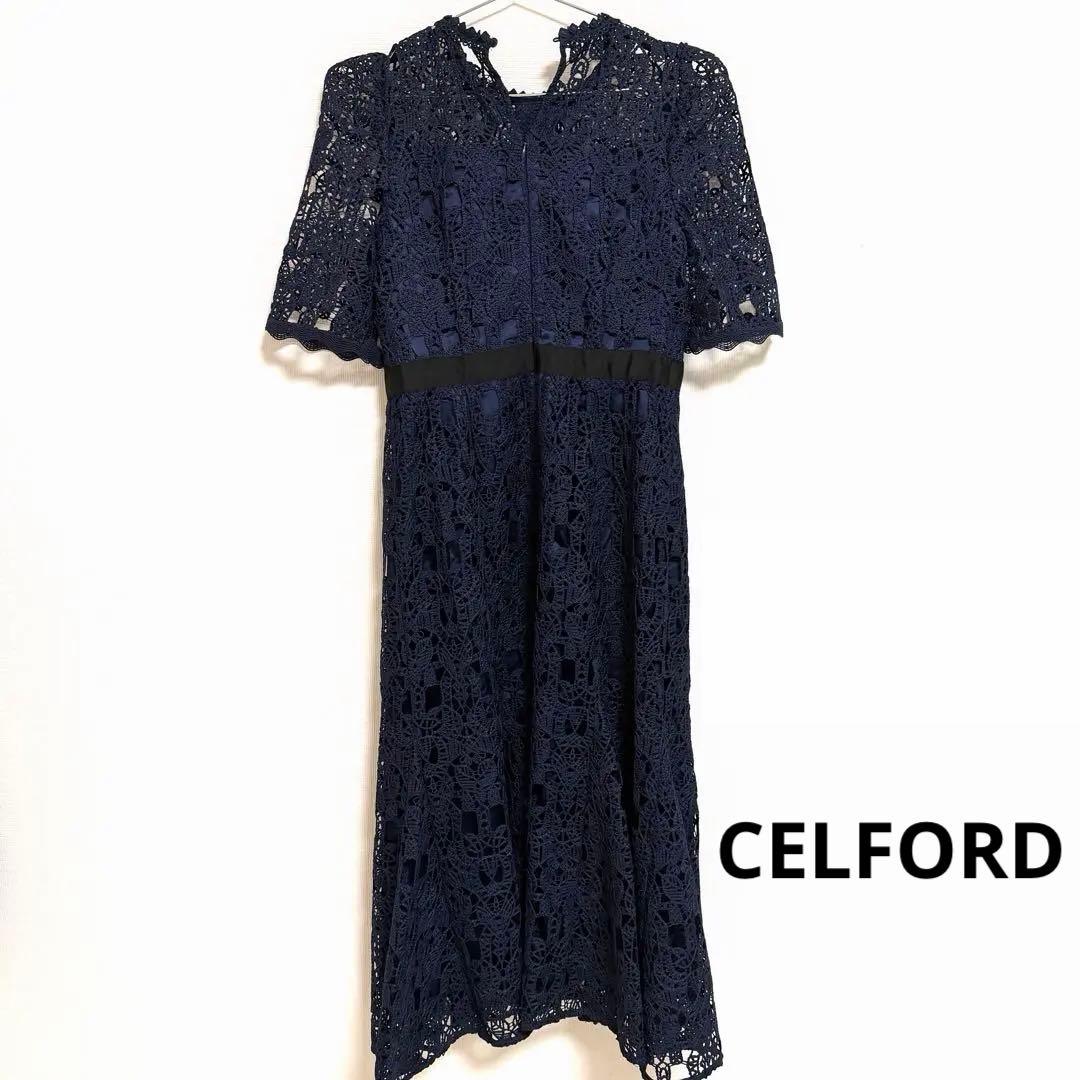 げ セルフォード38ネイビー レース パーティードレスM