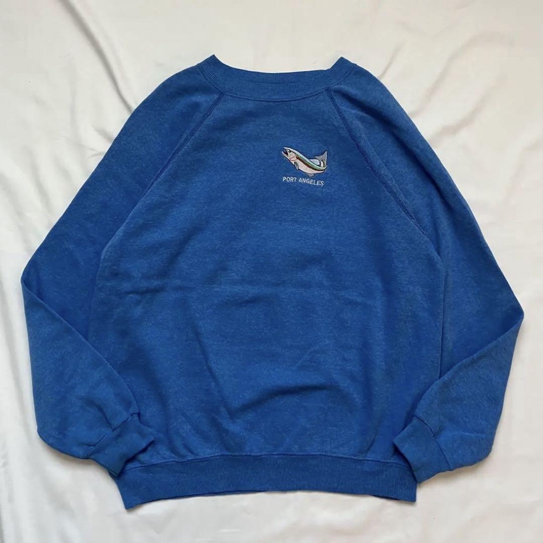 USA製 90s Hanes スウェット L ブルー ラグラン 刺繍 サカナ