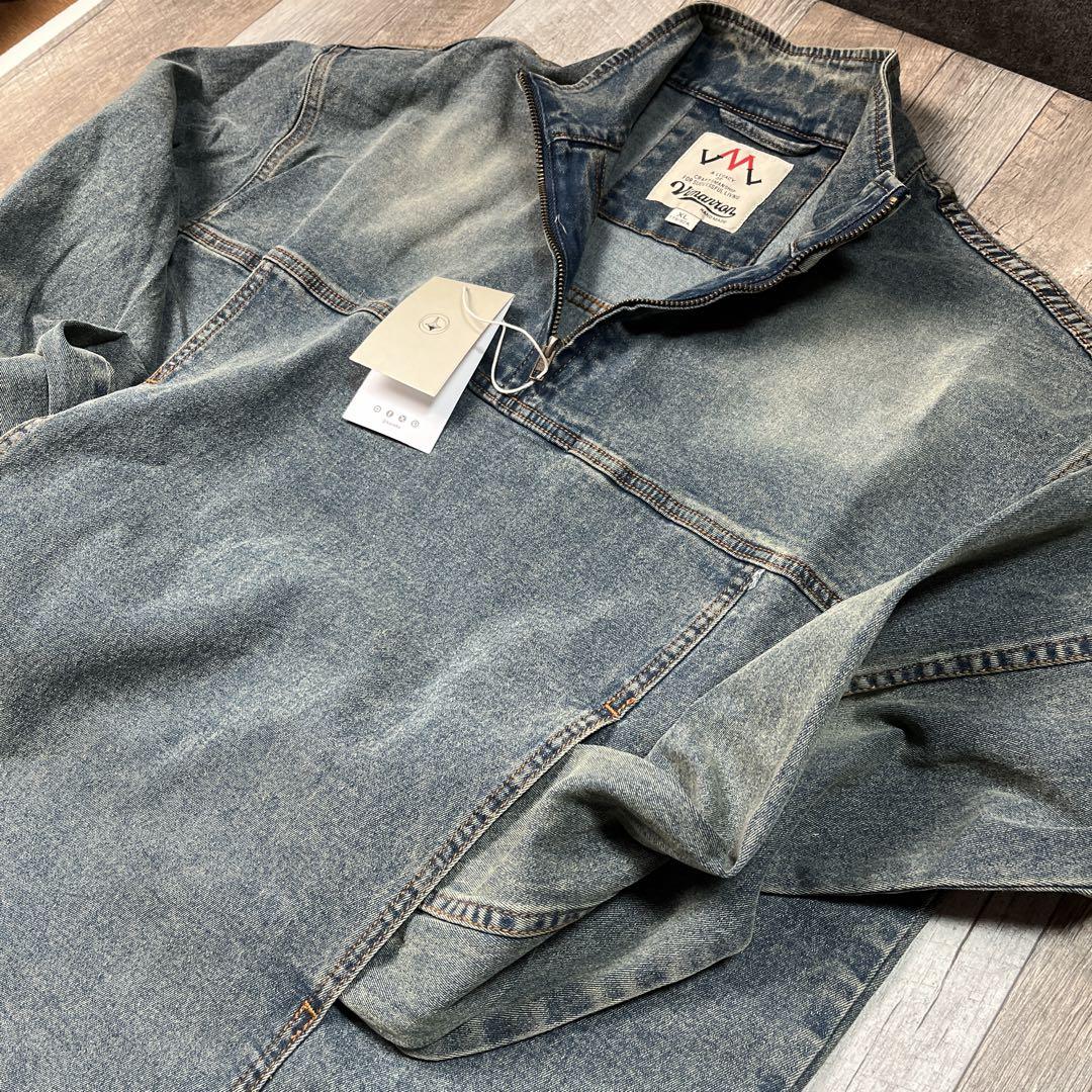 KaraKu ウォッシュド加工　スタンドカラーハーフジップデニムプルオーバー