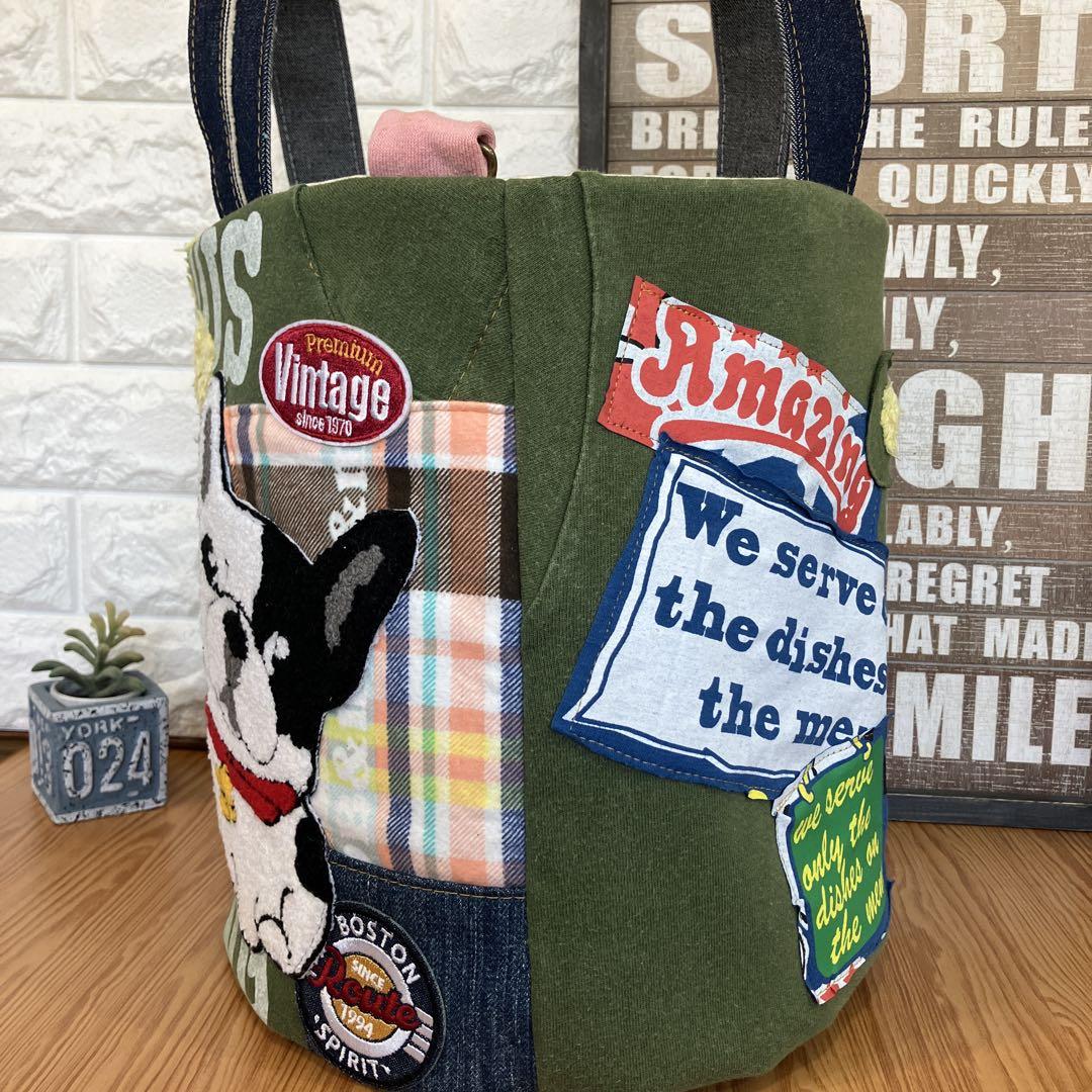 ハンドメイドバックデニムリメイクパッチワークフレブル丸底バケツトートバック