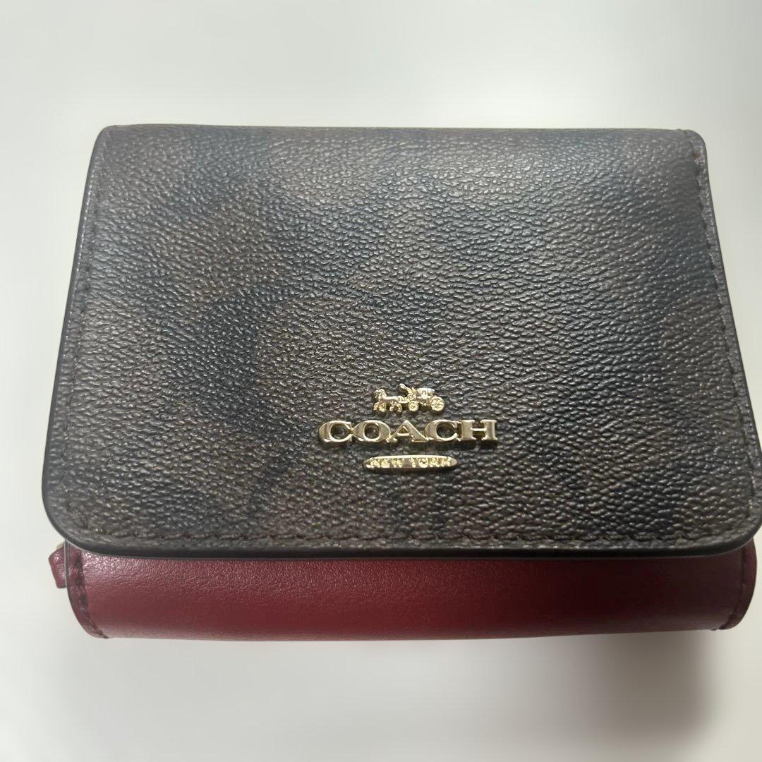 COACH 三つ折り財布 ダークグレー/バーガンディ