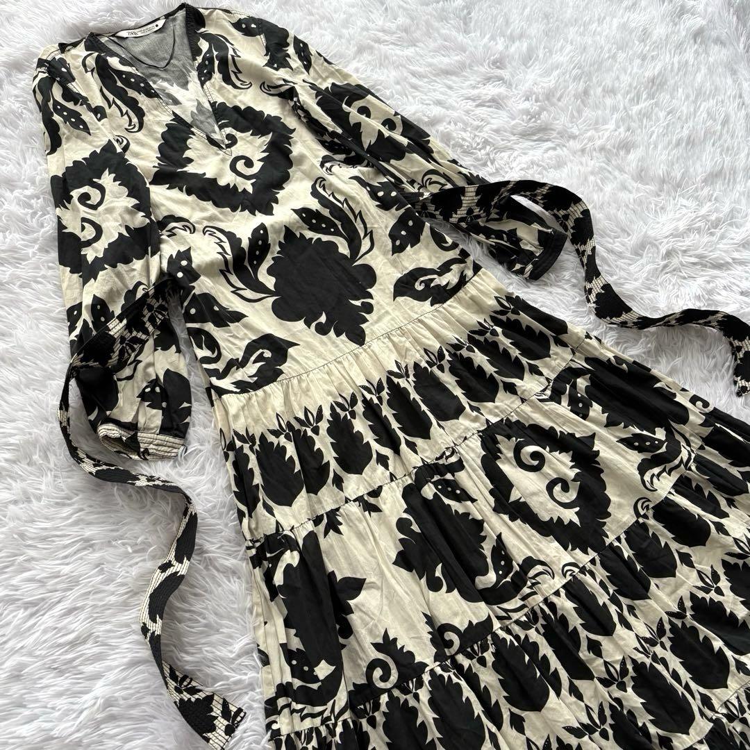 ZARA ワンピース ティアード Aライン 総柄 白 黒 パーティー