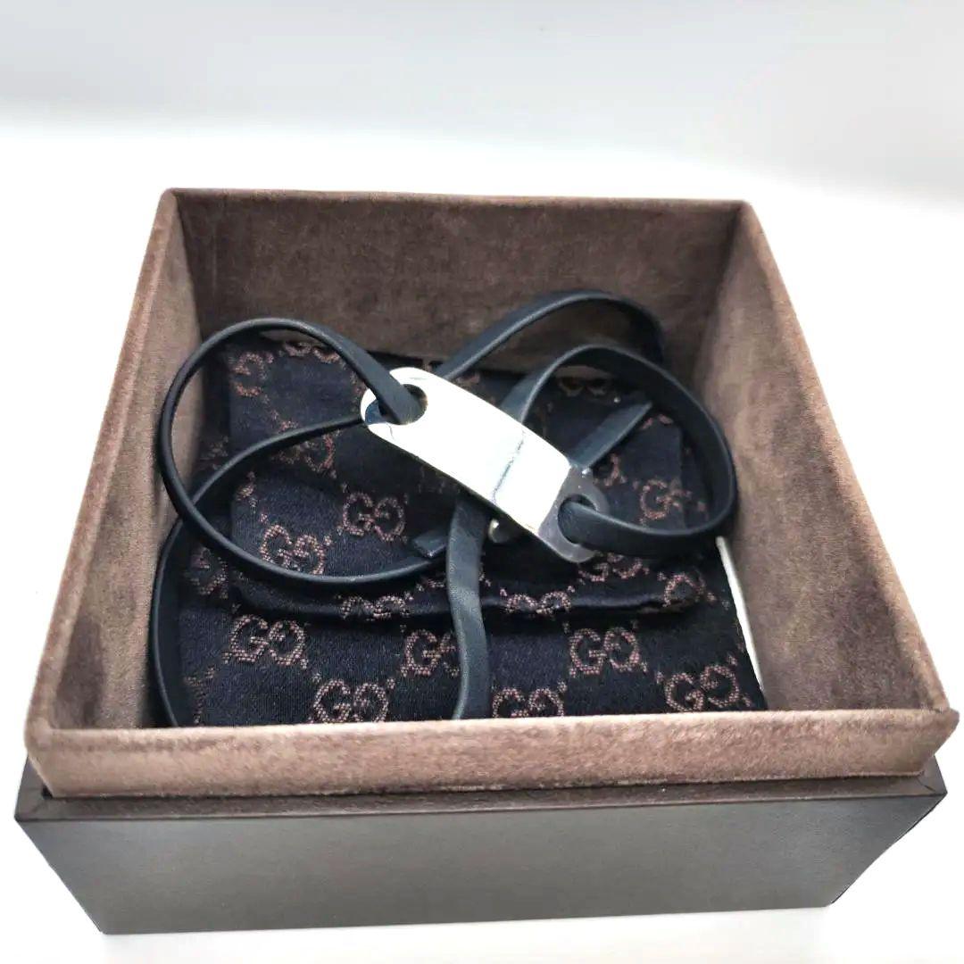 【GUCCI】グッチ　レザーブレス　シルバープレート　ブレスレッド　バングル