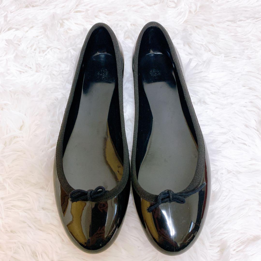 最新 極美品 repetto バレーシューズ リボン ラバー エナメル 黒 24 靴