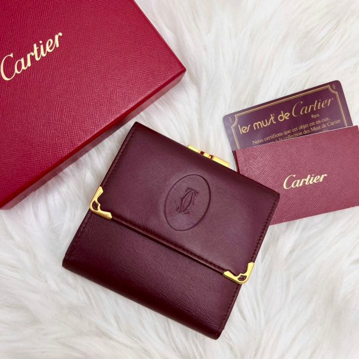 極美品】カルティエ がま口折り財布 マストライン ボルドー ゴールド