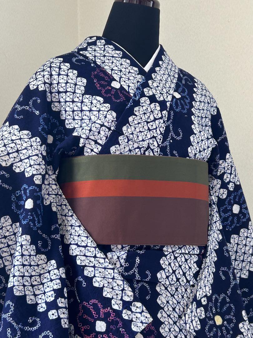 有松鳴海絞り 浴衣 唐草花間道文 蜘蛛の巣絞り✨小柄さんに