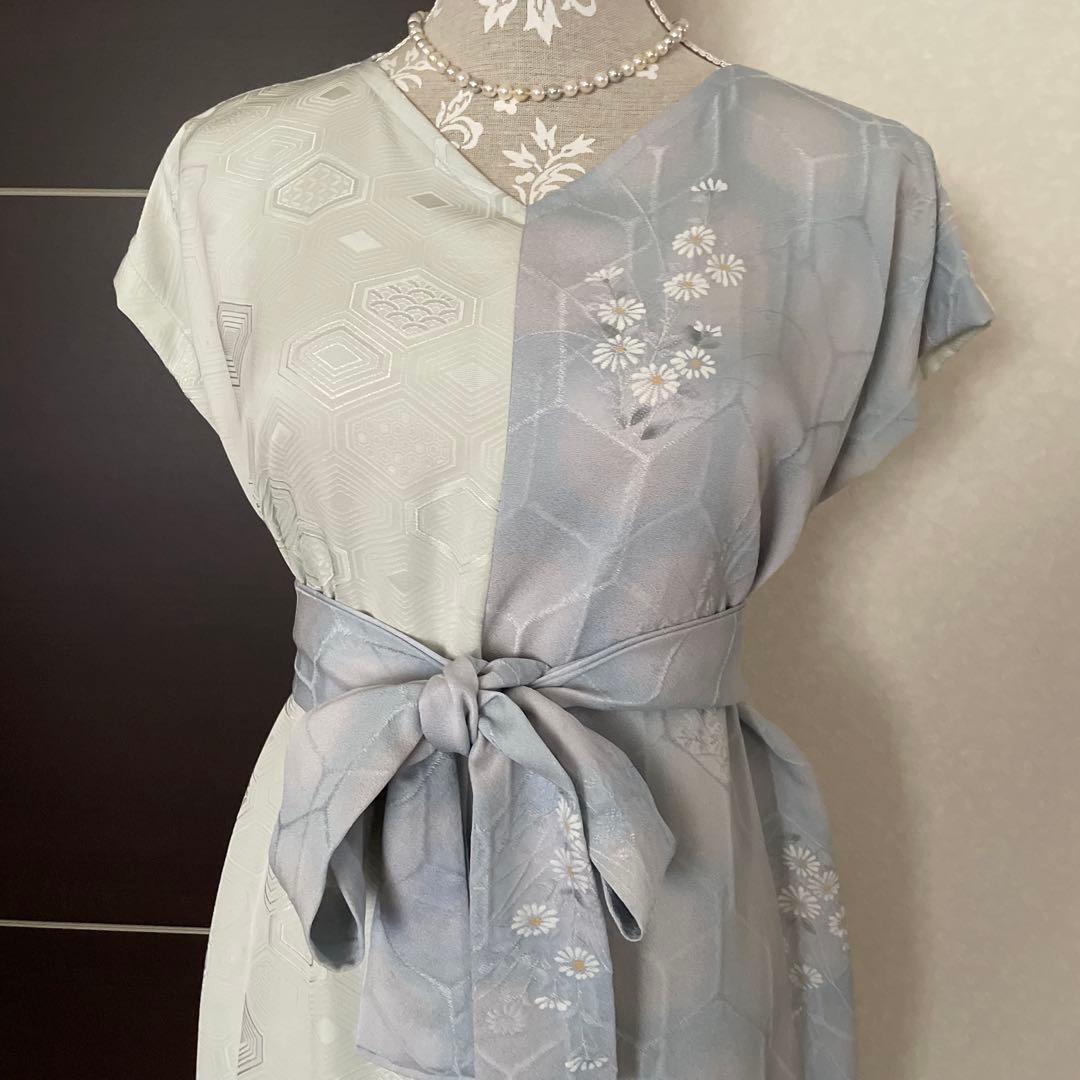 正絹シルク★着物リメイク 和洋服 ワンピース 青海波 七宝 縁起柄