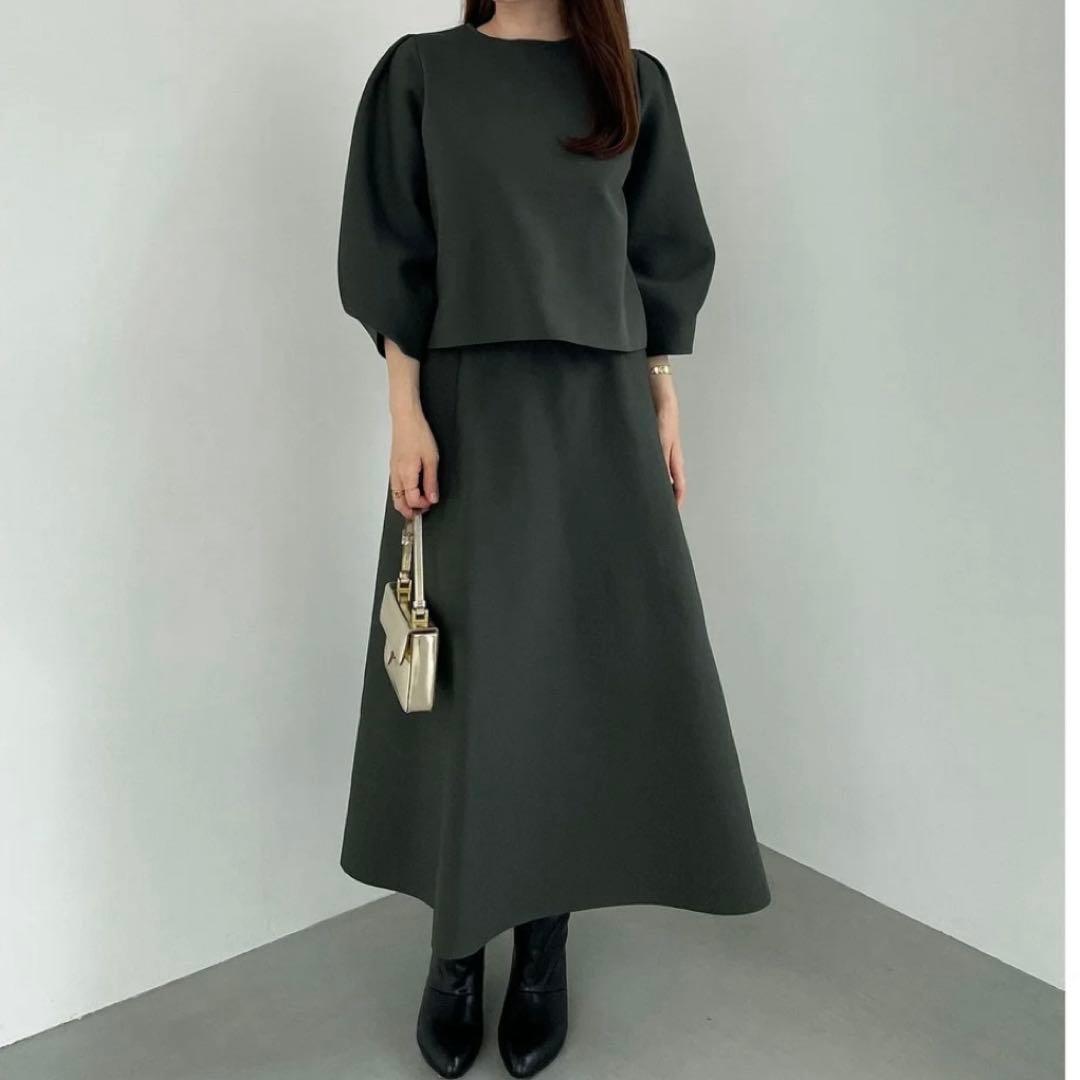 UNF/LO ニット スカートセットアップ フレア パールボタン XL