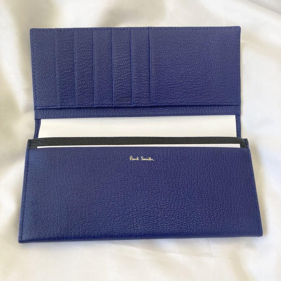 美品　Paul Smith 長財布　フラップ　シボ革　ブルー　オレンジ 美品 Paul Smith 長財布 フラップ シボ革 ブルー オレンジ