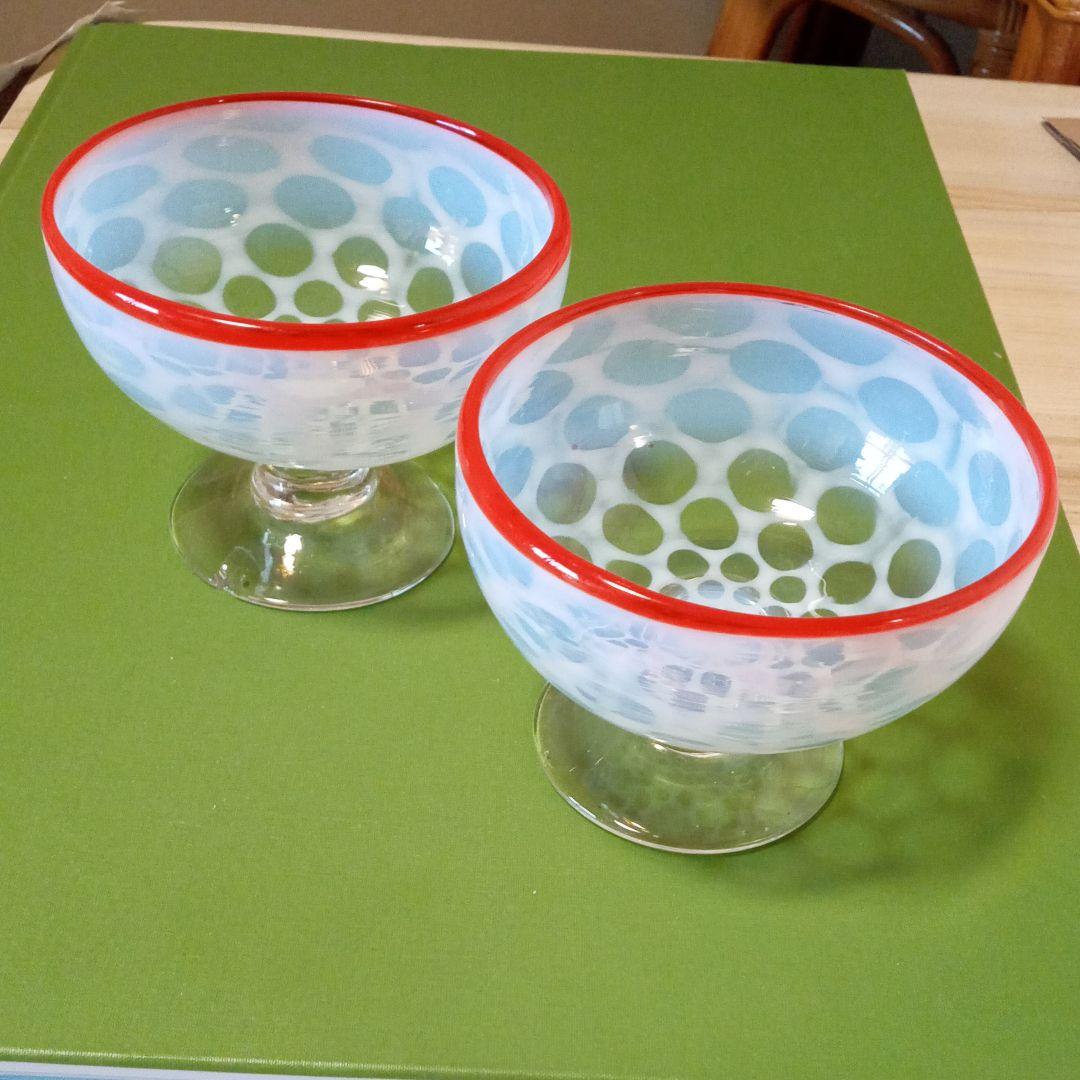 インテリア 氷グラス 昭和レトロ 赤縁乳白水玉紋碗 カキ氷 OzWSE-m85792430230 コップ 大正浪漫 まい・