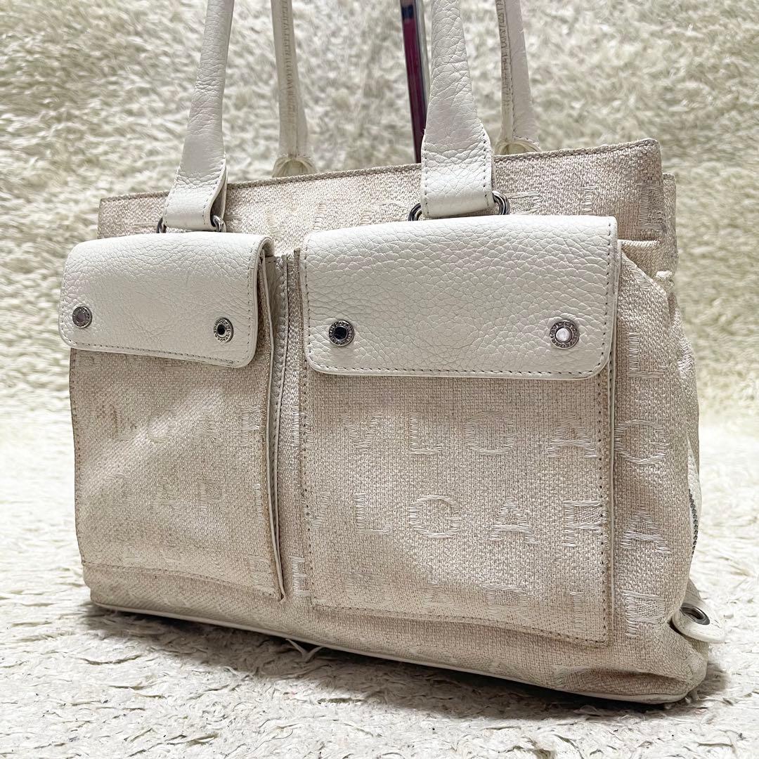 BVLGARI トートバッグ　肩掛け可　キャンバス　レザー　ロゴマニア　白系