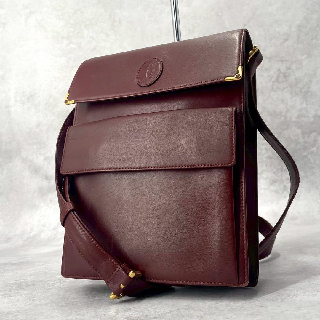 【良品】カルティエ　ショルダーバッグ　サコッシュ　レザー　ボルドー　ゴールド金具