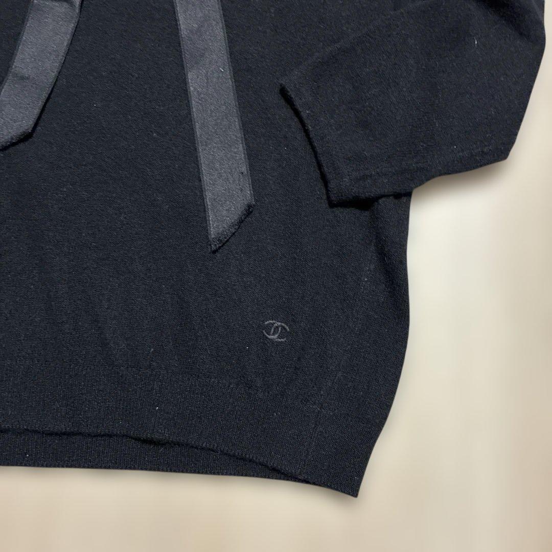CHANEL カシミヤ　黒いリボン付き五分袖ニットセーター