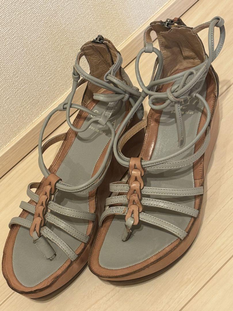 SAYA サヤ　レザー　サンダル　LL 24.5-25.0 グレー✖️ブラウン　革