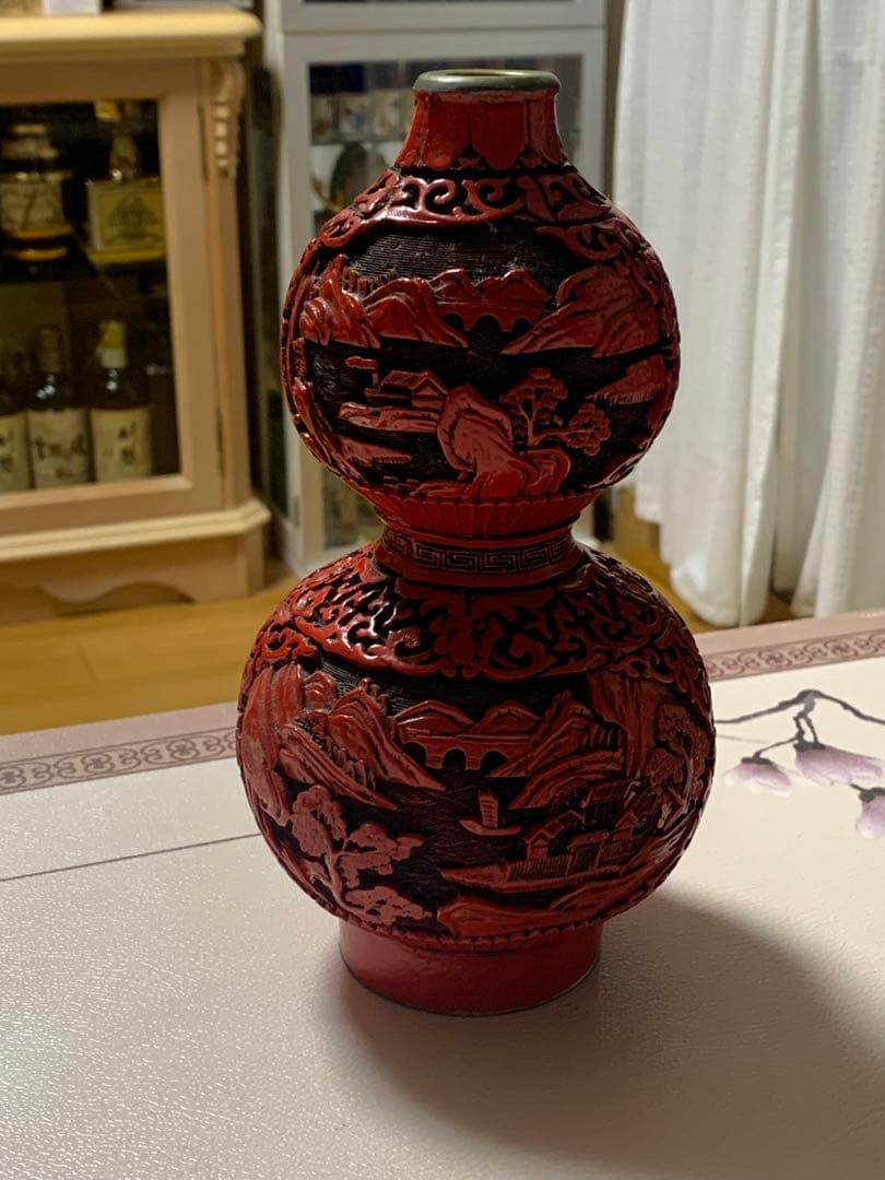 堆朱赤い漆器 二重壺 伝統的な風景 瓢箪型目立った傷や汚れなし WWW_IBETON_RU