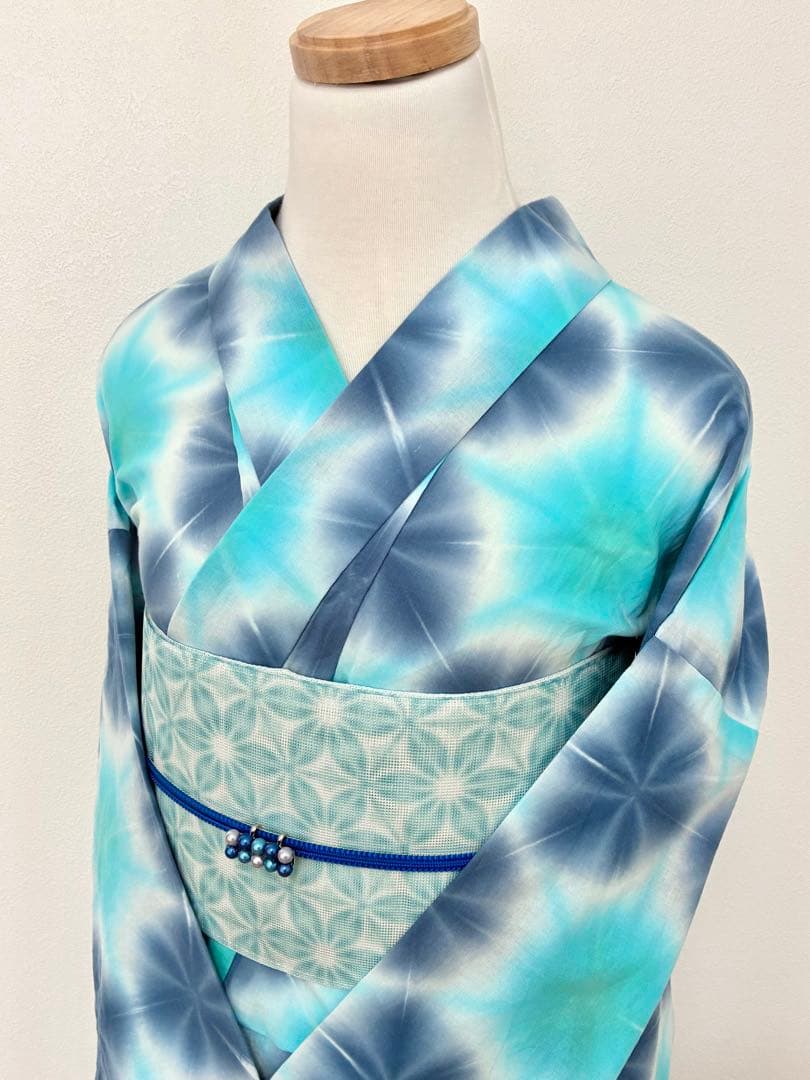 半幅帯　雪花風　水色　紗　ポリエステル