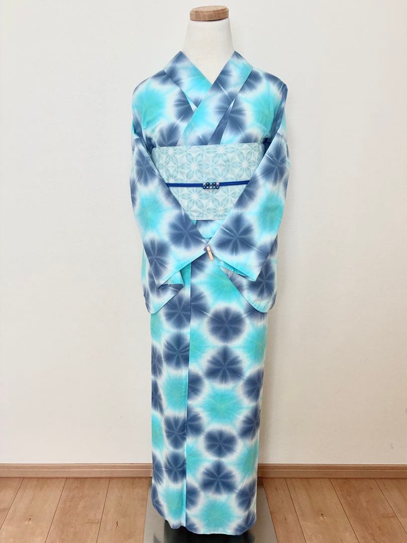 半幅帯　雪花風　水色　紗　ポリエステル