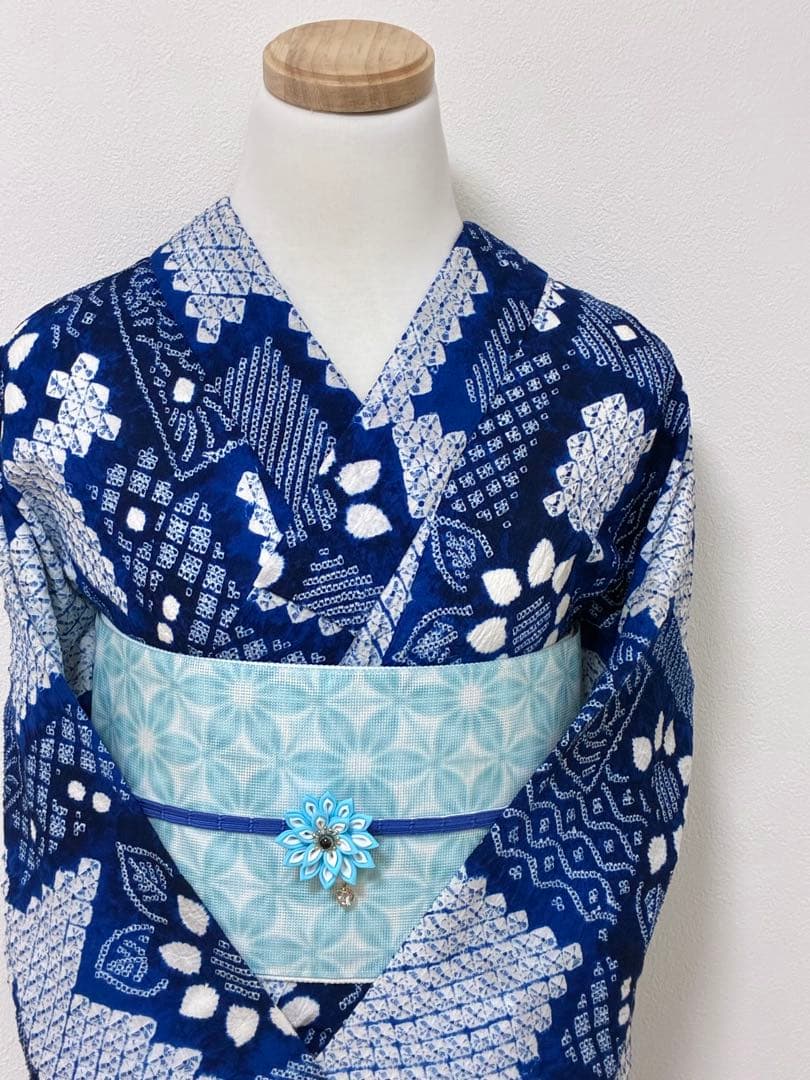 半幅帯　雪花風　水色　紗　ポリエステル