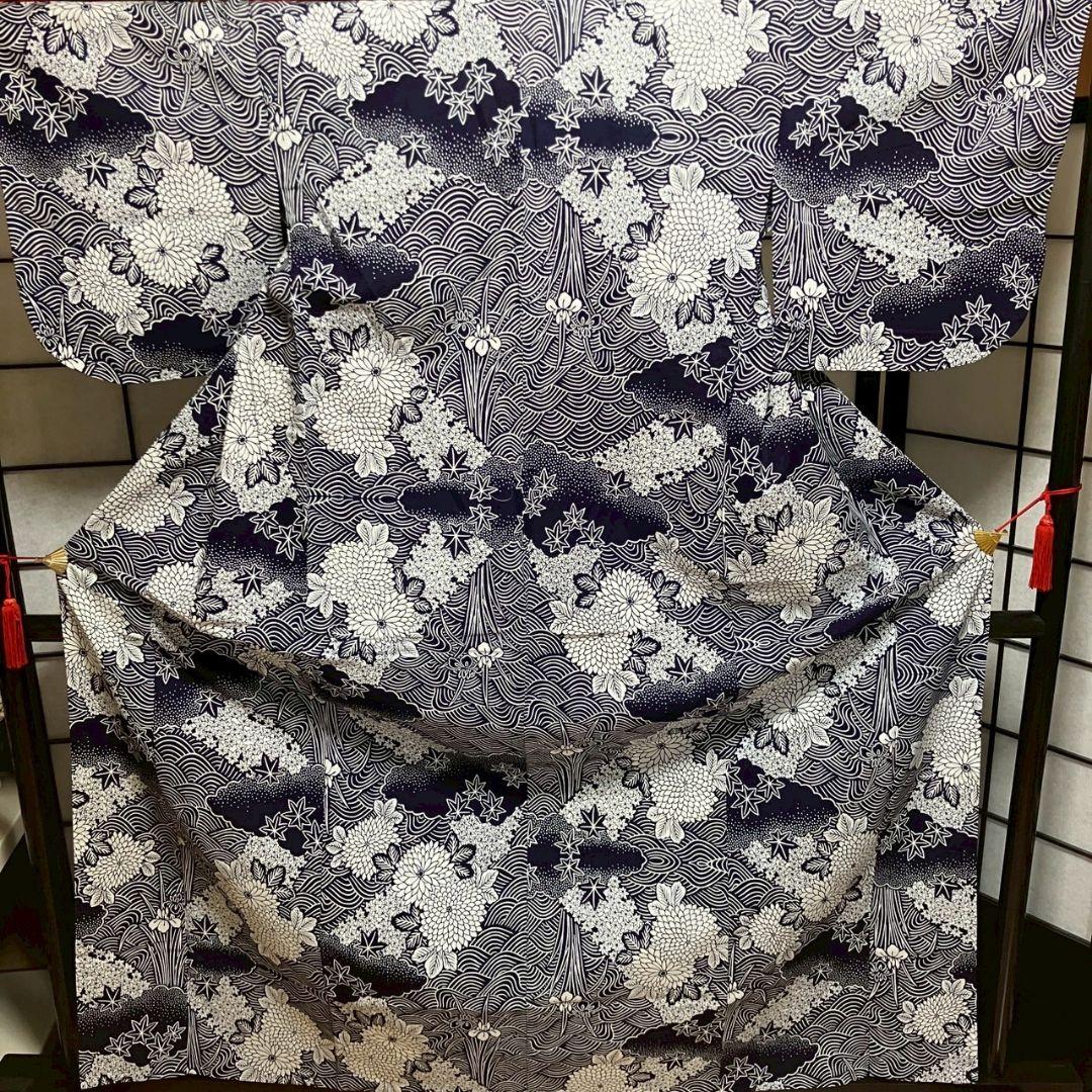 ［4873］浴衣 美品 菊草花立波 居敷当て付 綿 レディース 着物 ゆかた