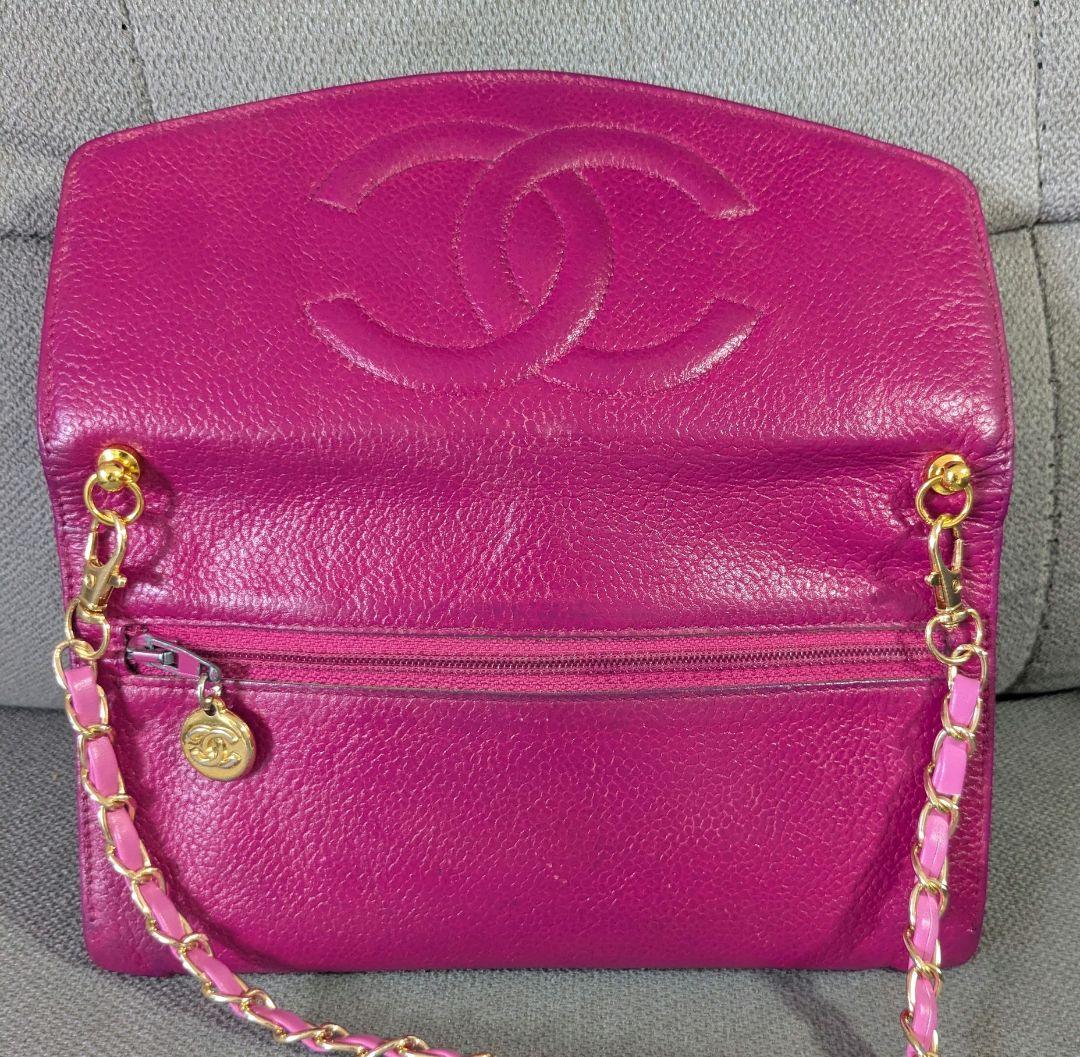 シャネル　キャビアスキン　デカココ　ピンク　ショルダー　長財布　チェーン