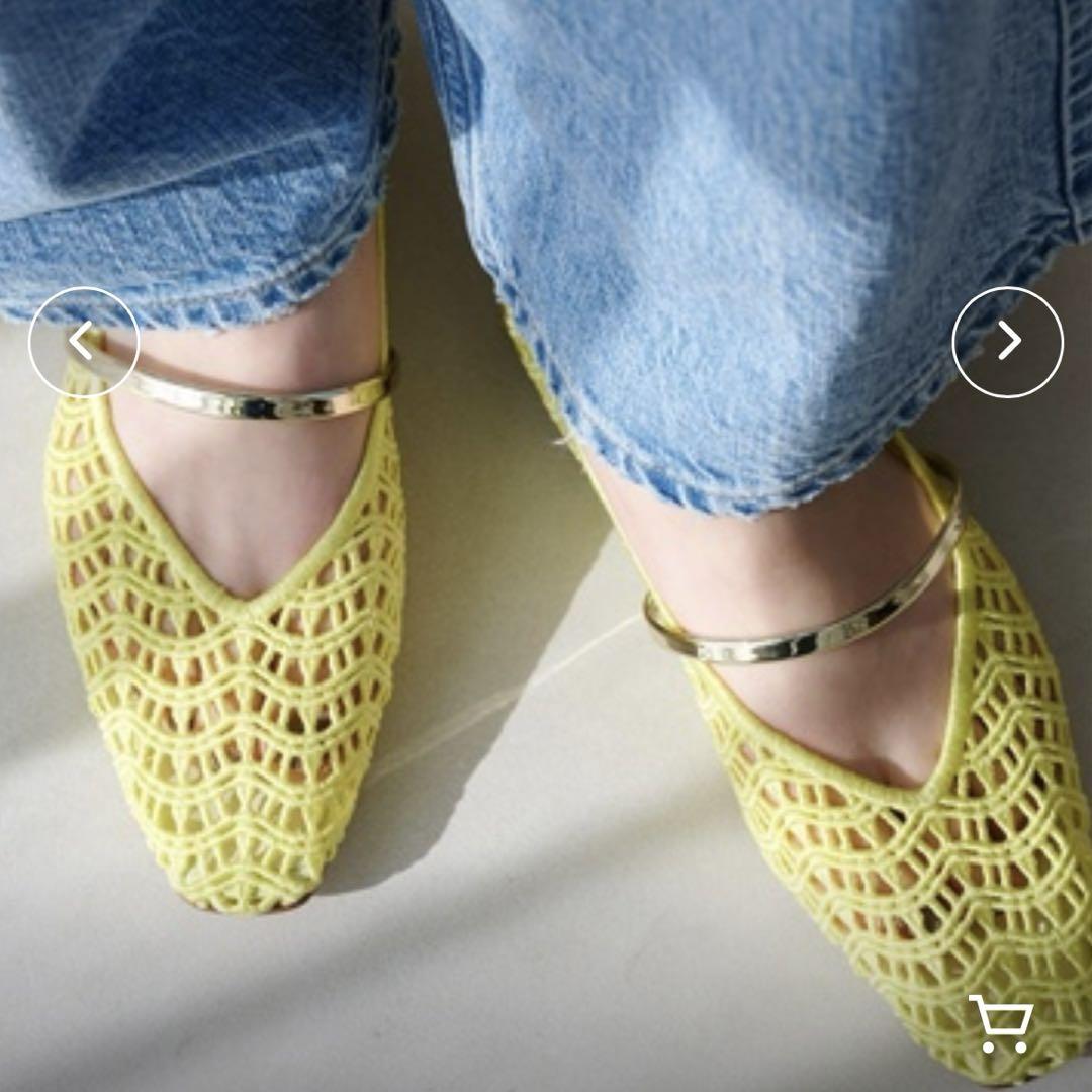 完売品✨ルタロン　スクエアクロシェストラップフラットシューズ　24.0　イエロー