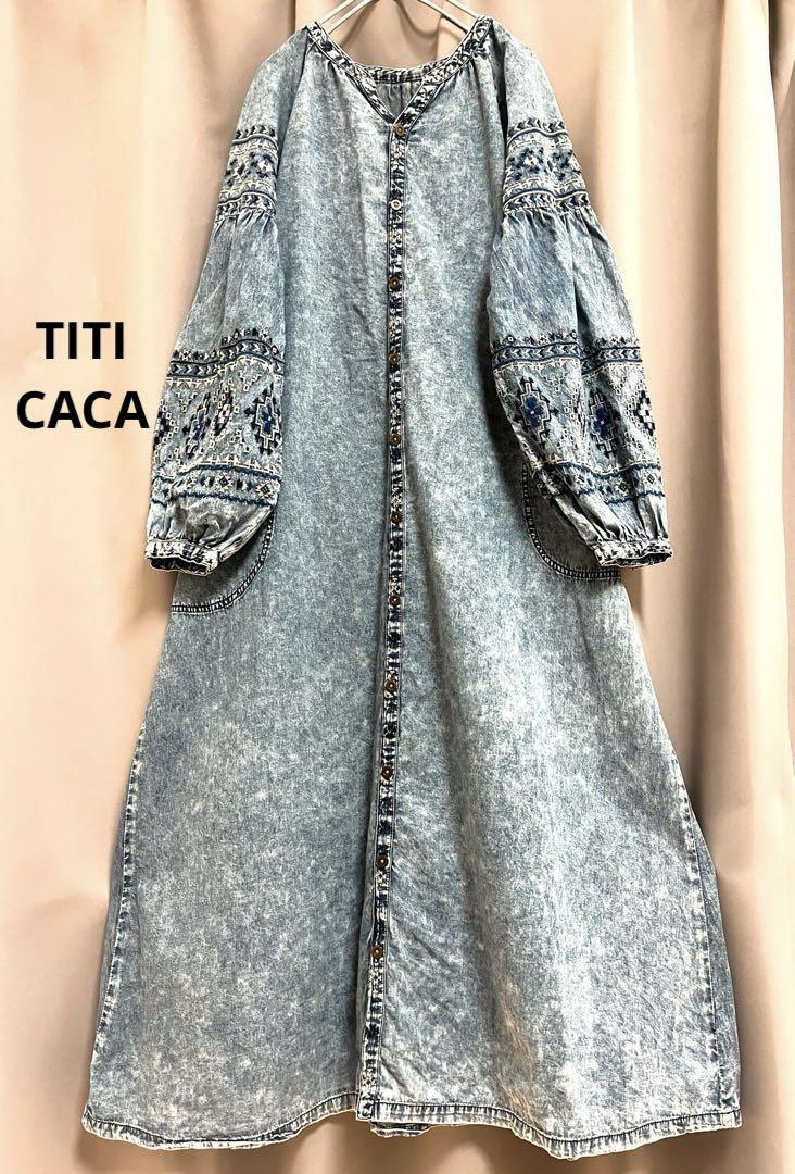 チチカカ ネイティブ刺繍フレアデニムロングワンピース 大きいサイズ