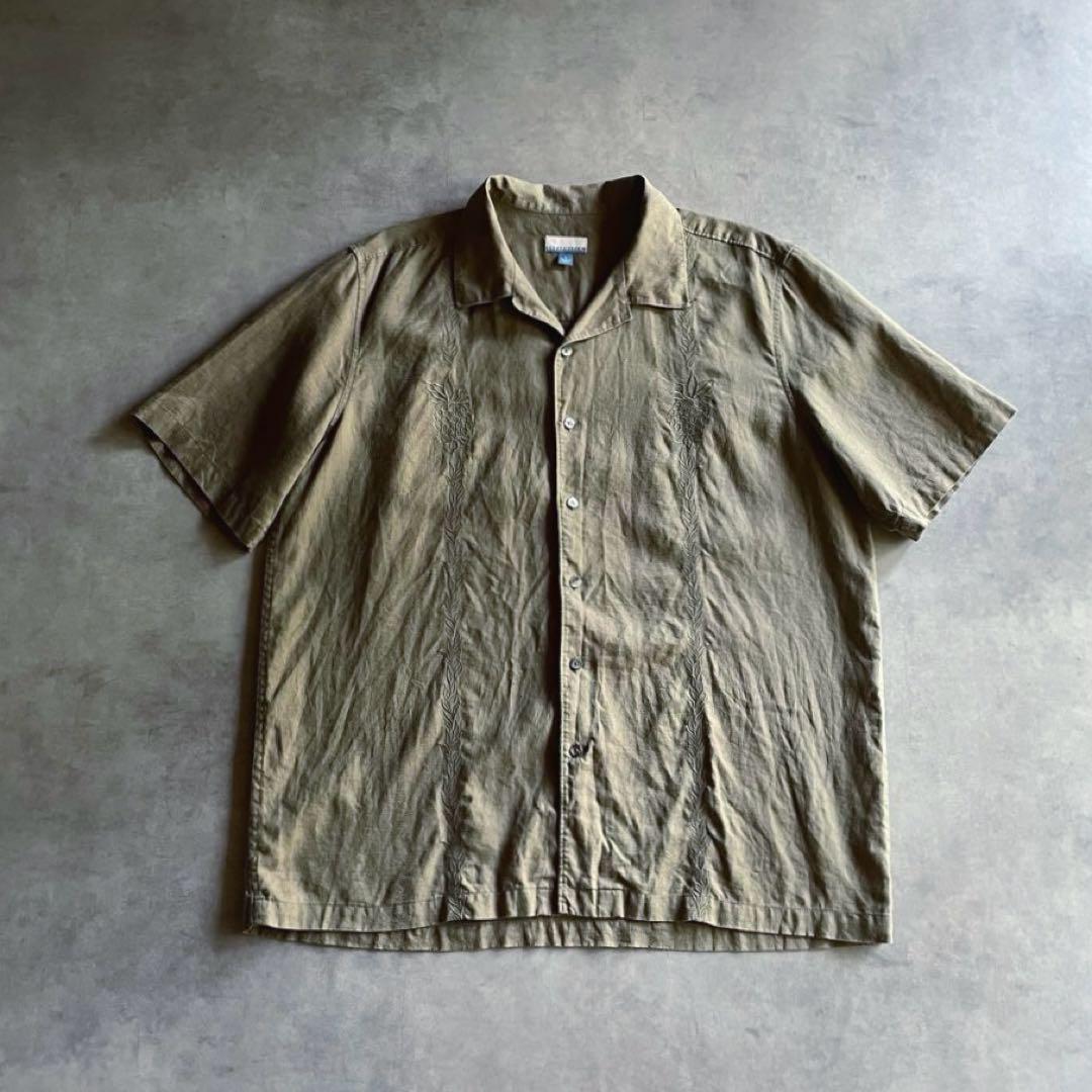 90s USA label リネン オープンカラーシャツ 刺繍 短丈 キューバ