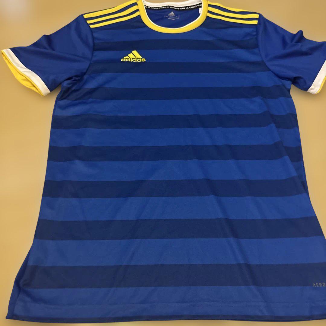 adidas スポーツシャツ 青/黄色 ストライプ - メルカリ