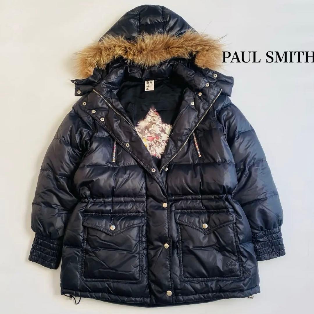 ポールスミス ダウンジャケット リアルファー　マルチストライプ 黒 ブラック