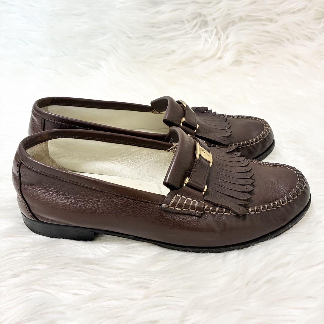 FERRAGAMO フェラガモ ブラウンレザー フリンジローファー UK7 2E FERRAGAMO フェラガモ フリンジローファー 靴 25cm 茶色