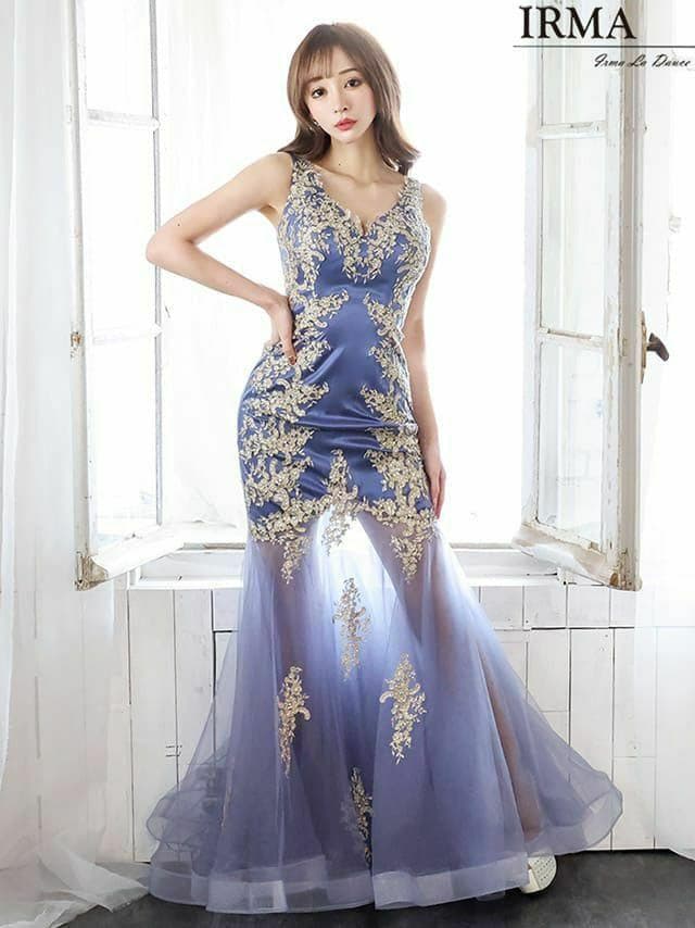 IRMA イルマ 高級レースデザインチュールマーメイドノースリーブロングドレス