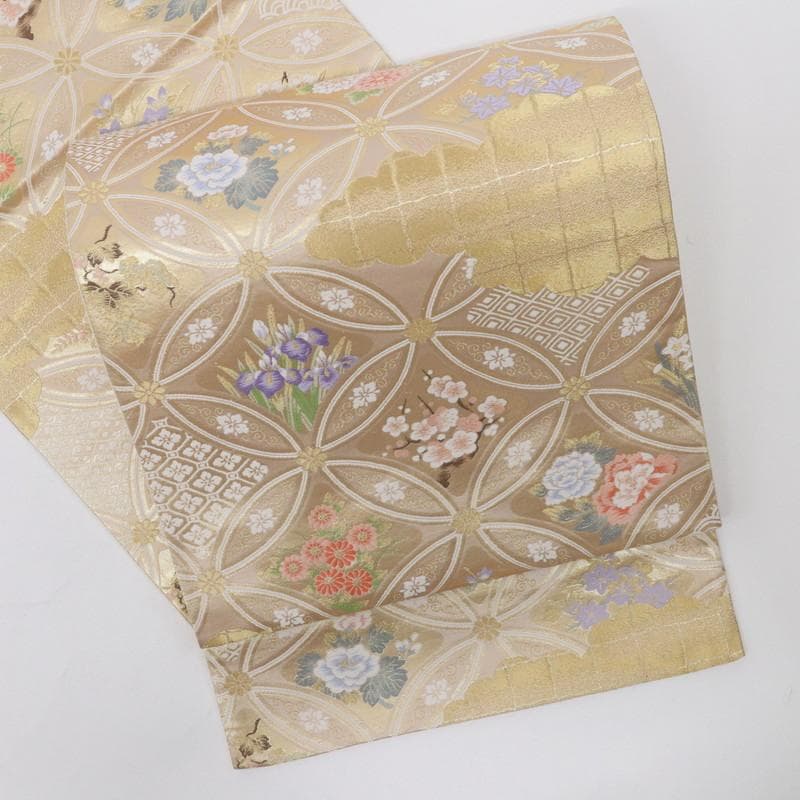 豪華 袋帯 九百錦 七宝繋に四季花 ピンクゴールド 正絹着物 FC6-14目立った傷や汚れなし