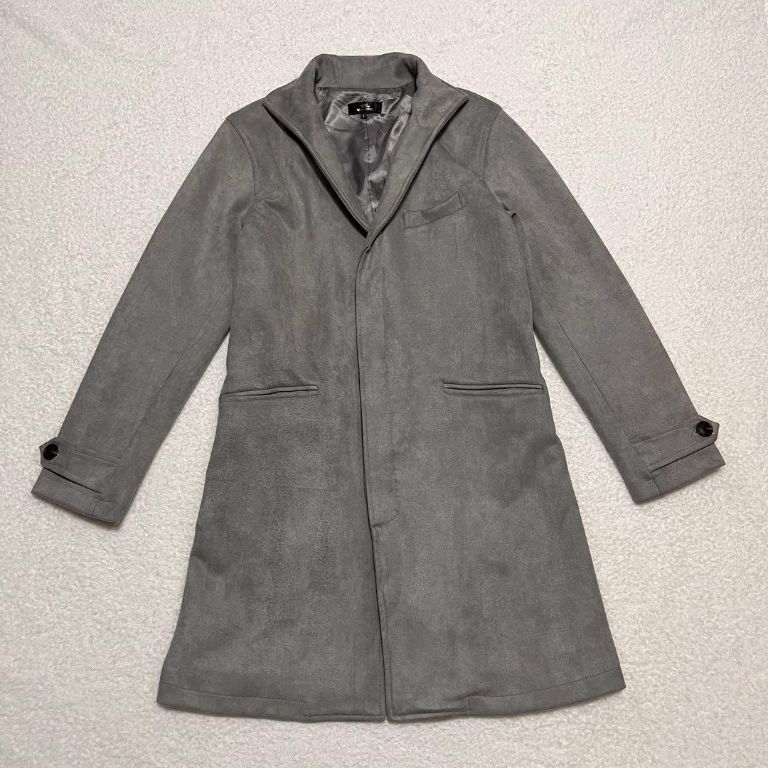 極美品✨ ロングコート メンズ (L) グレー スエード風 襟元針金入り