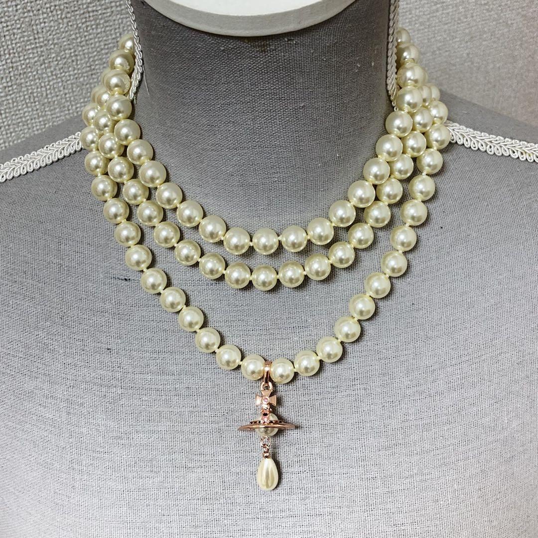 【在庫処分大特価!!】 Vivienne Westwood ピンクゴールド 3連パールドロップネックレス アクセサリー