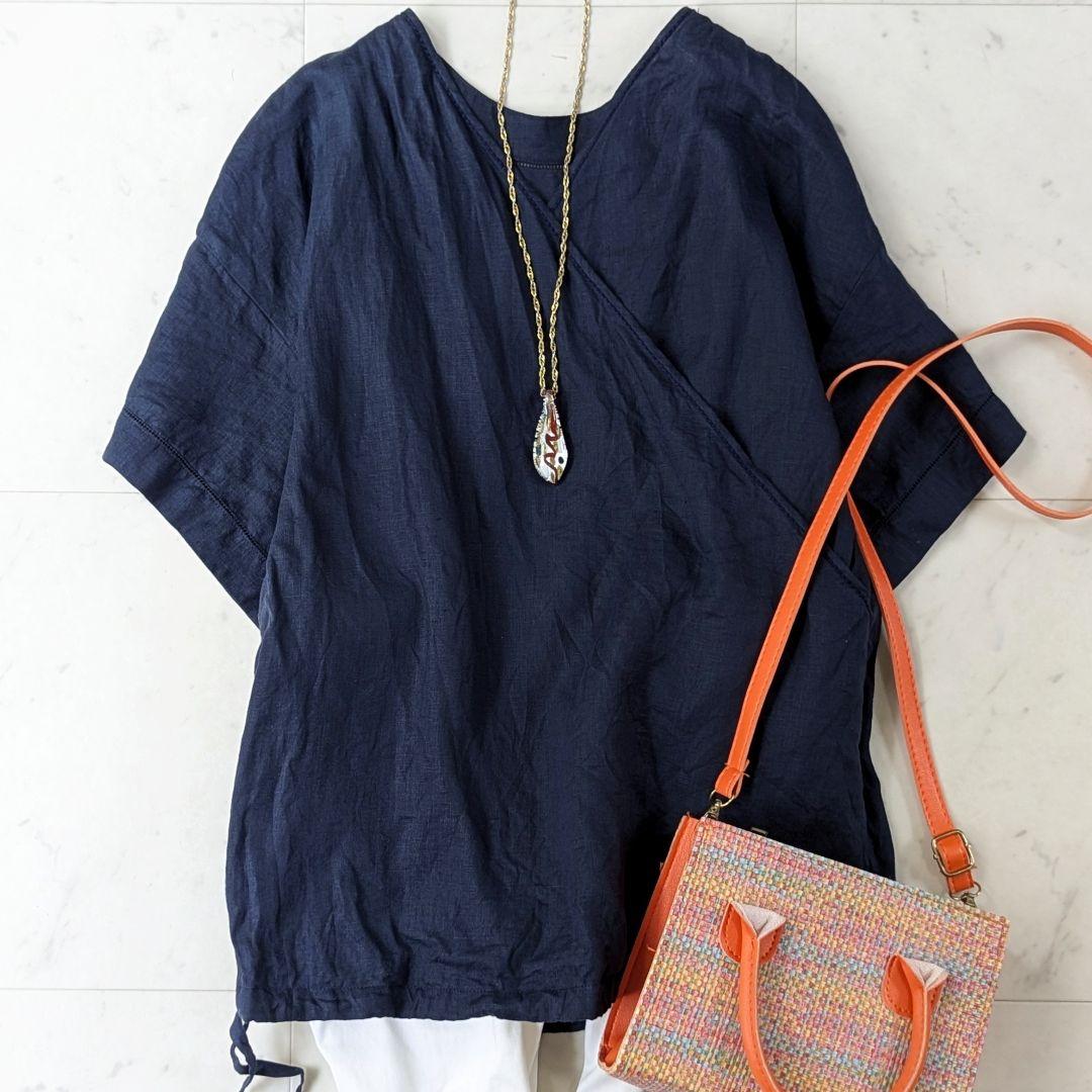 美品✨トゥモローランド COLLECTION リネンカシュクールブラウス 紺 麻